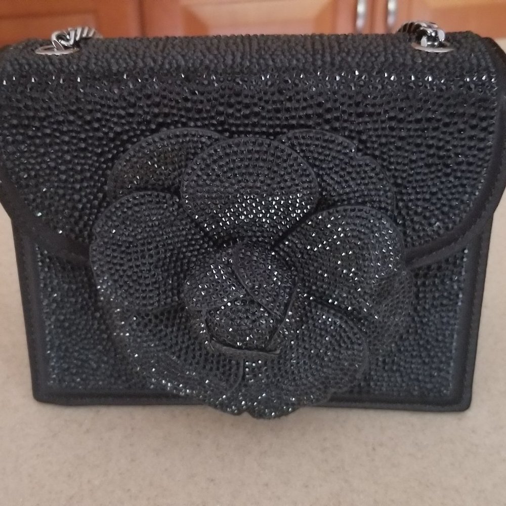 OSCAR DE LA RENTA BLACK CRYSTAL FLOWER TRO CROSSBODY BAG HOLIDAY EVENING HANDBAG